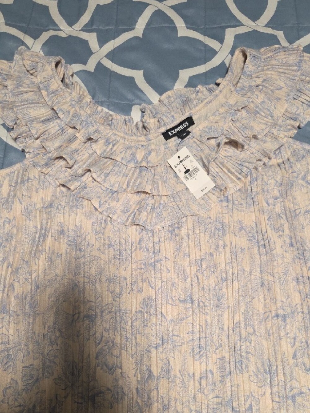 Express Light Blue Floral Ruffle-Neck Blouse - Picture 3 of 5